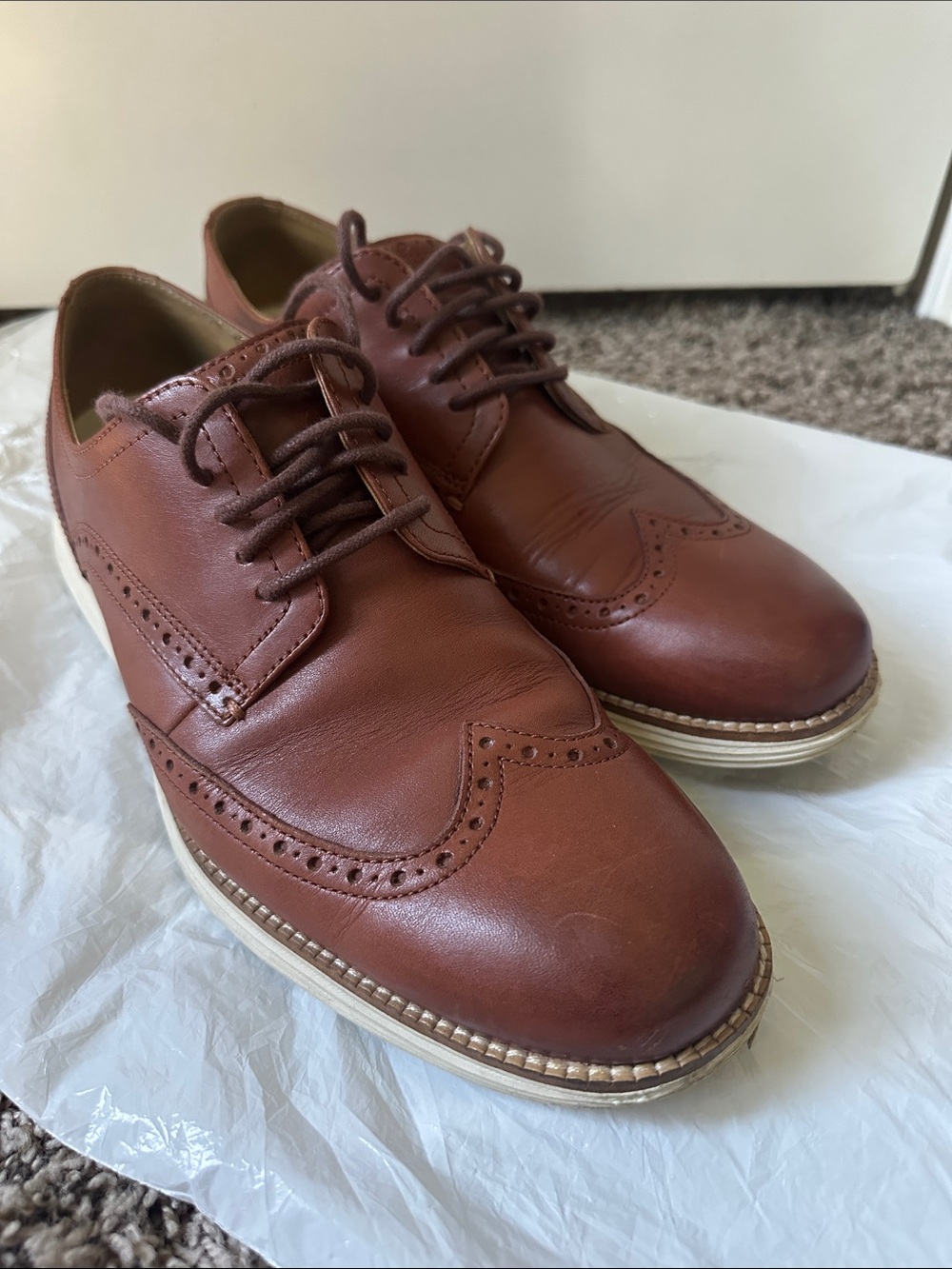 Cole Haan Brown Leather Wingtip Derby Oxfords with White Contrast Sole